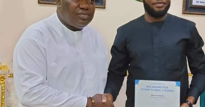 Gov Ugwuanyi receives Enugu born first African winner of AFS Award for Young Global Citizens