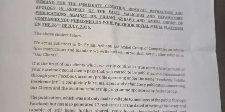 Azikel Group Threatens Legal Action Over Alleged Defamatory Facebook Post, Demands Retraction